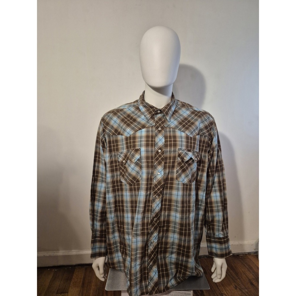 Wrangler Western Fashion Pearl Snap Shirt Mens XXL 2XL Brown Blue White Plaid